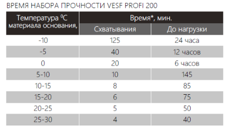 Время набора прочности химического анкера VESF PROFI 200